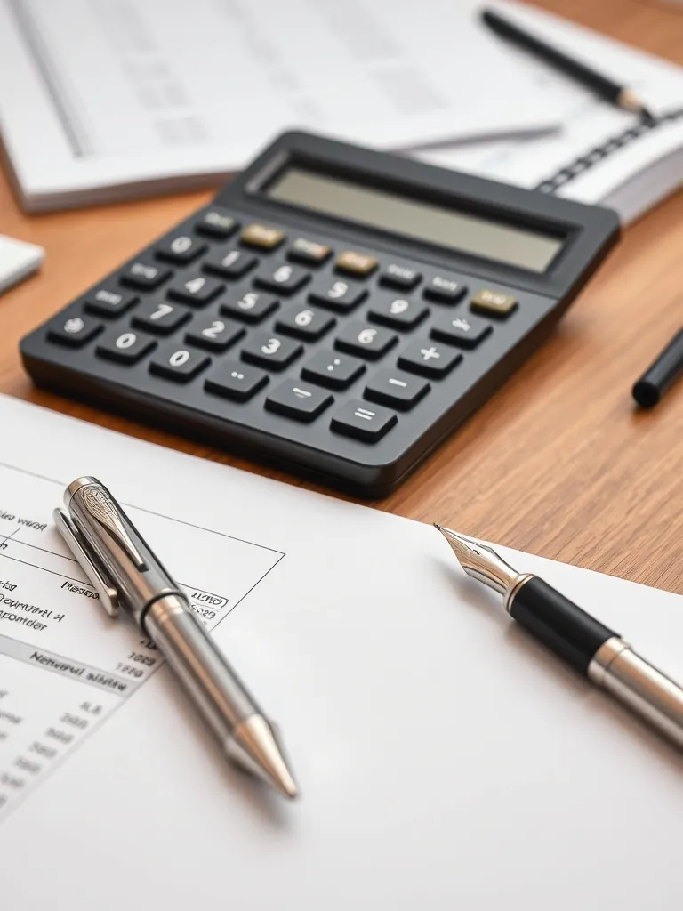 A professional office desk with a silver fountain pen, a fin