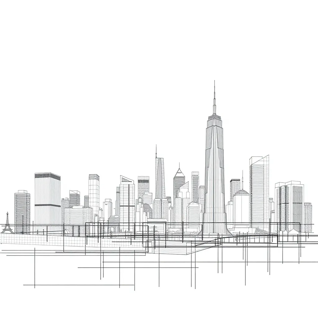 A technical architectural sketch of a modern city skyline wi