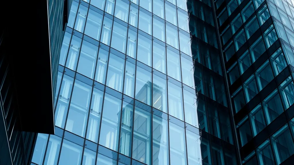 A high-angle architectural photograph of a modern glass offi