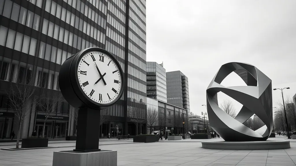 A minimalist black and white photograph of a financial distr
