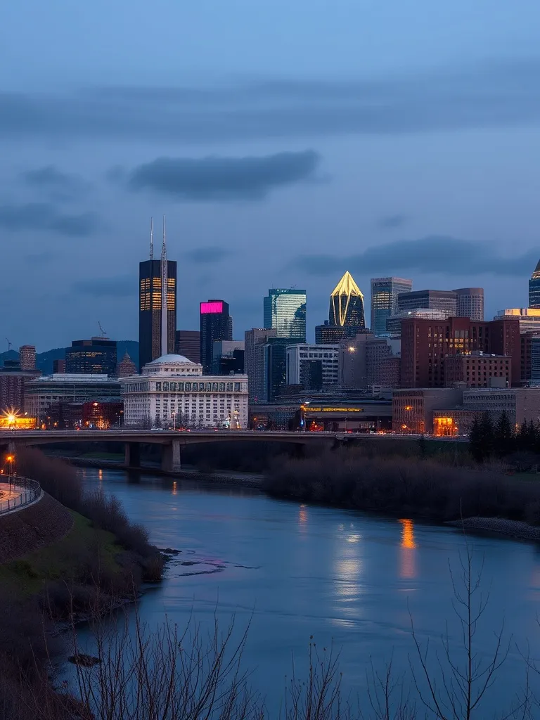 A wide shot of Calgary skyline at dusk with the Bow River in