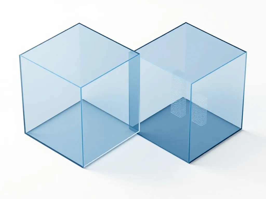 A minimalist 3D rendering of two intersecting glass cubes re